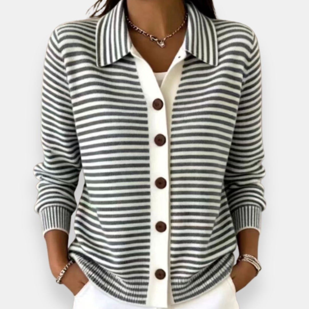 Cardigan femme rayé boutonné à col classique