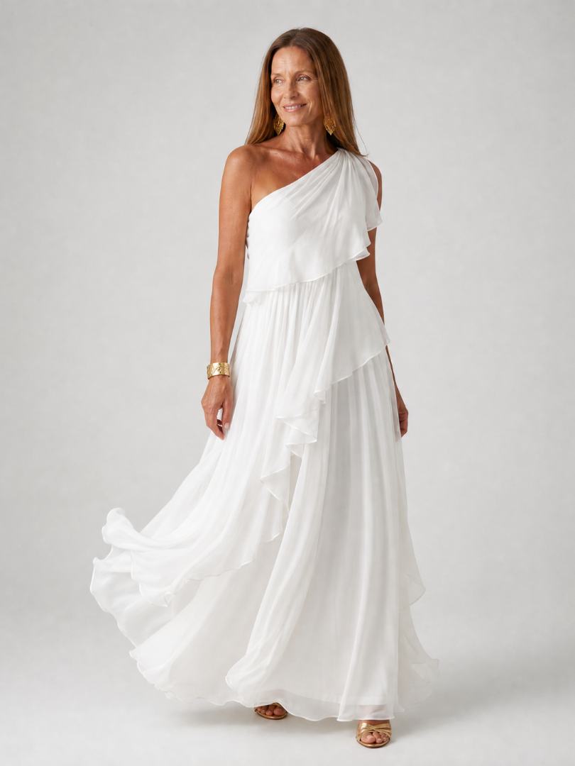 Robe maxi femme asymétrique à volants en mousseline