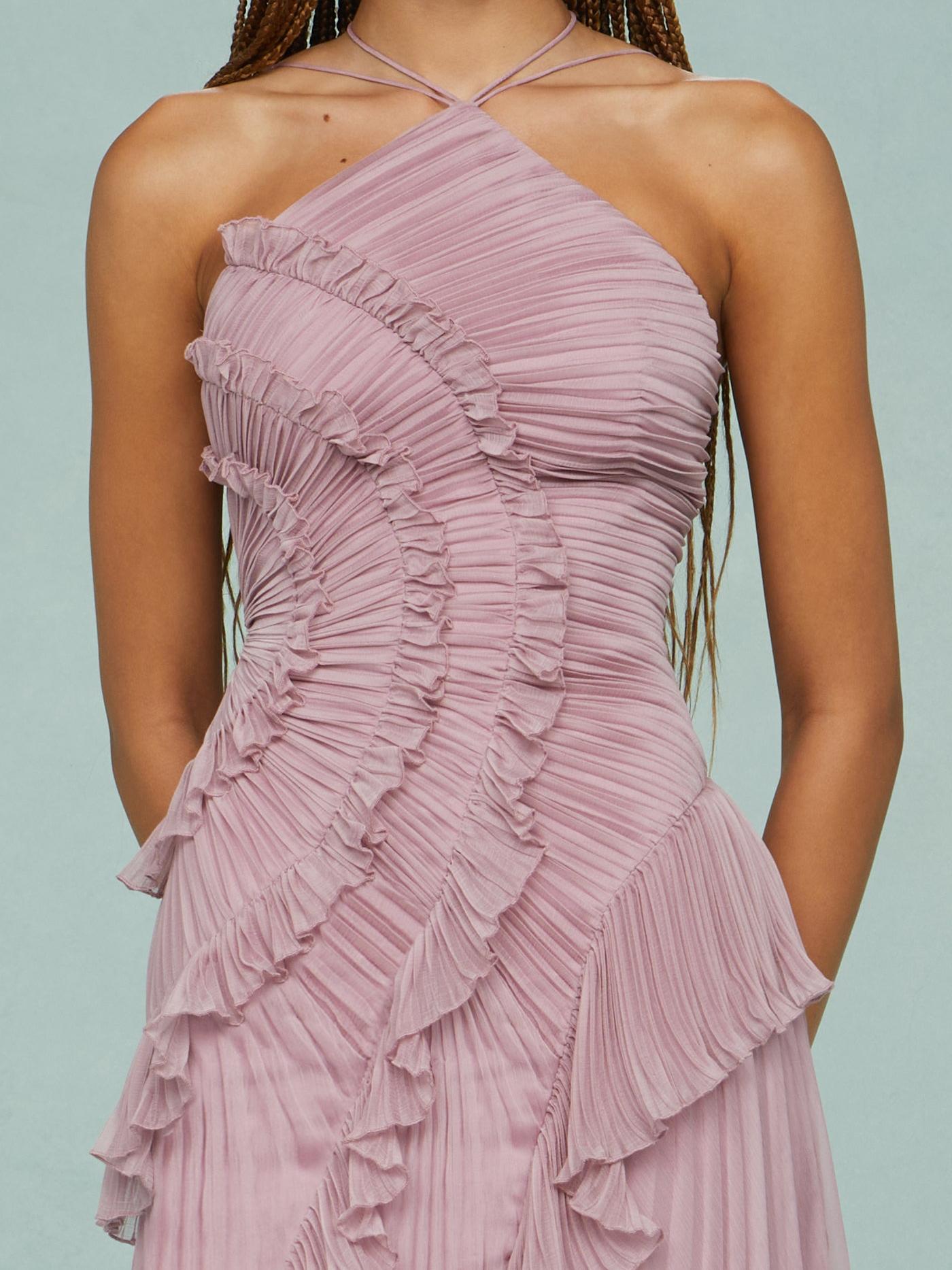 Robe Longue Plissée Femme avec Volants Asymétriques Élégants