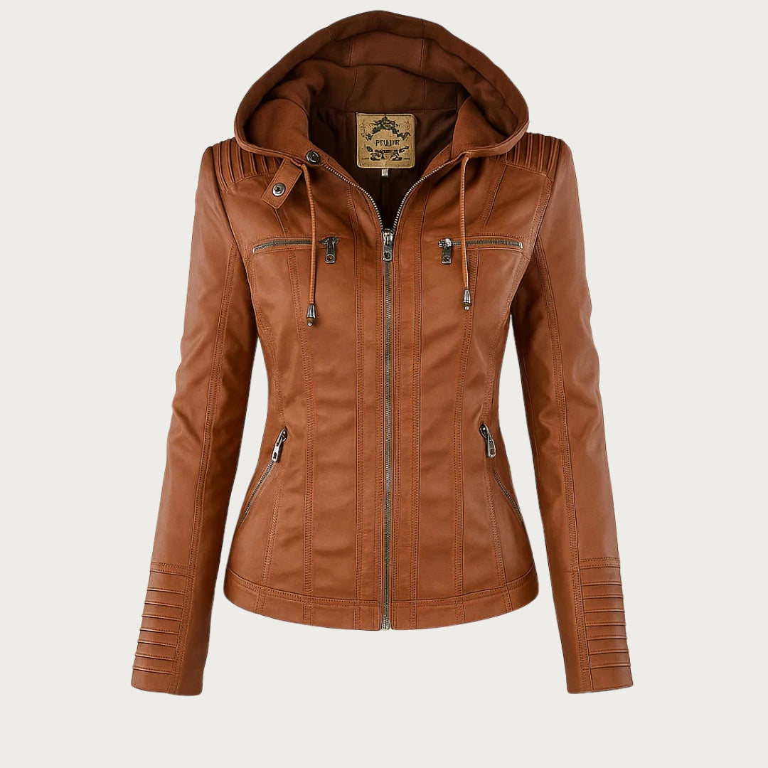 Veste femme en similicuir à capuche et fermeture zippée