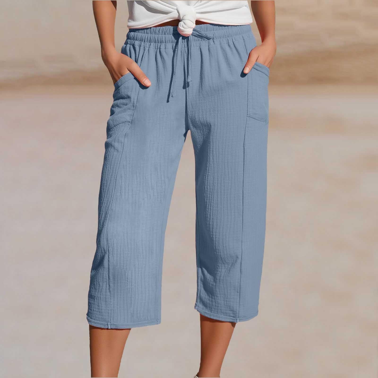 Pantalon cropped femme en coton et lin à taille élastique confortable