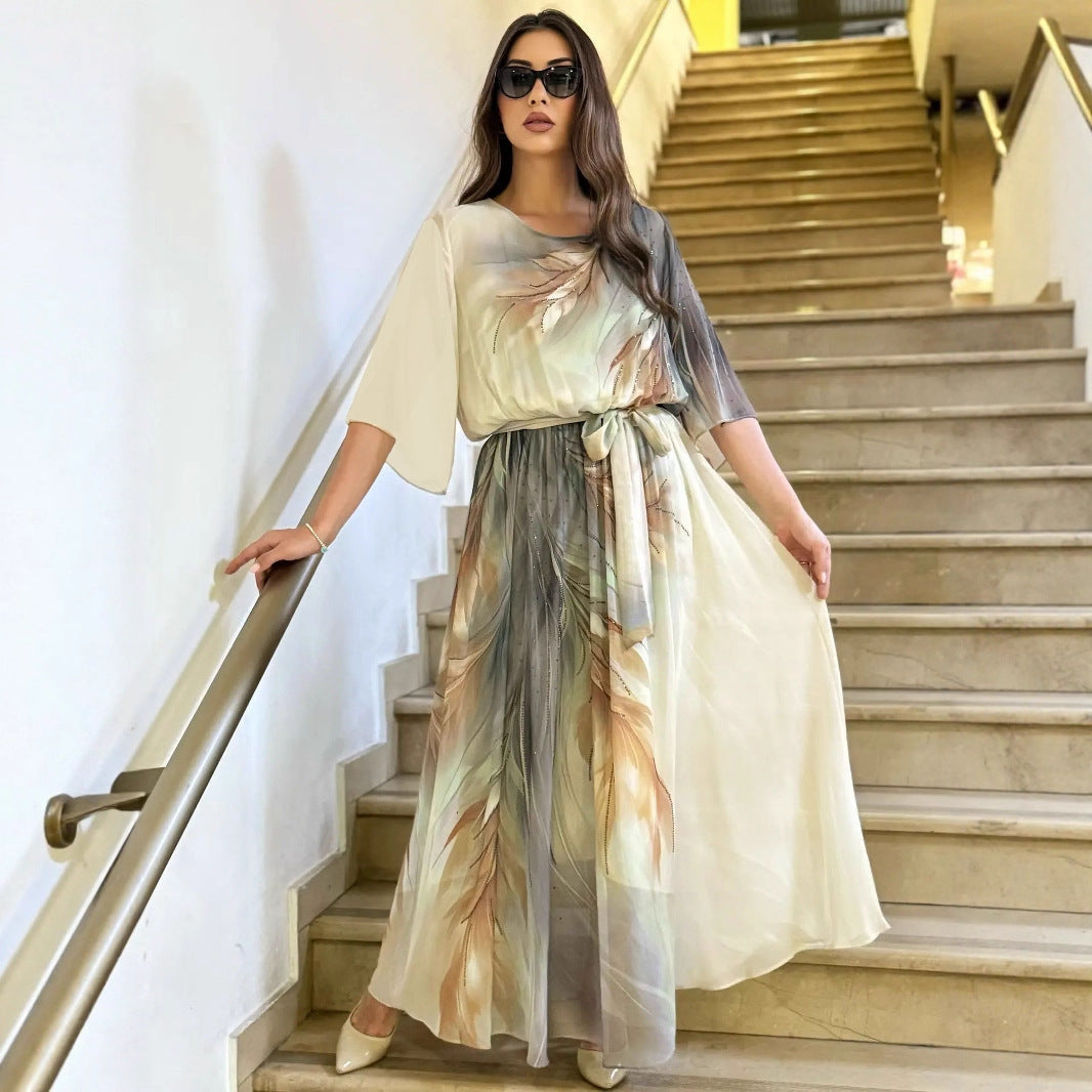 Robe Maxi Élégante en Chiffon Léger à Imprimé Vert
