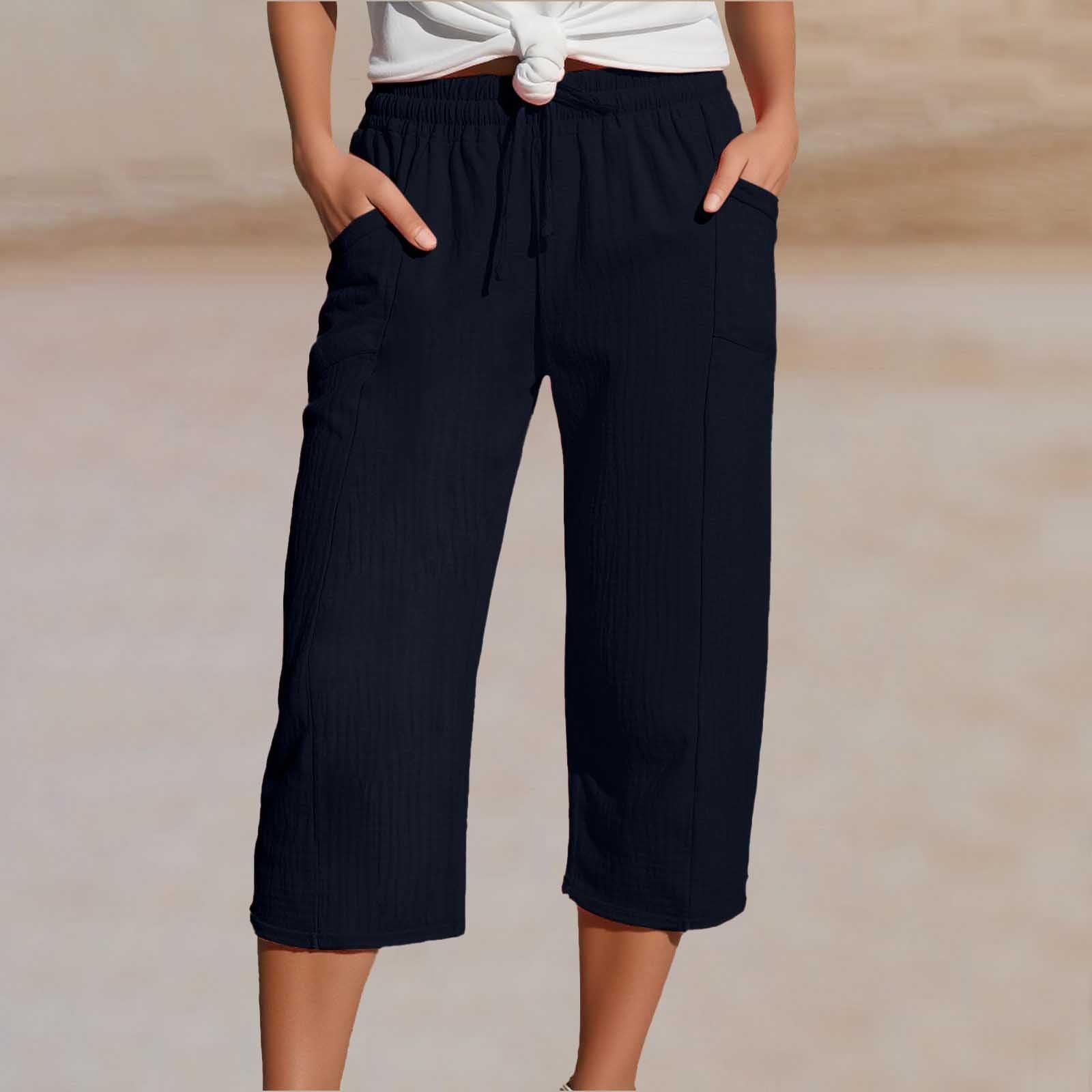 Pantalon cropped femme en coton et lin à taille élastique confortable