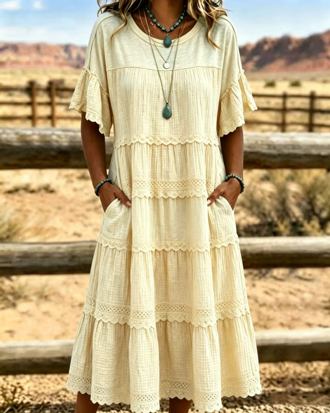 Robe femme midi en coton et lin avec volants délicats