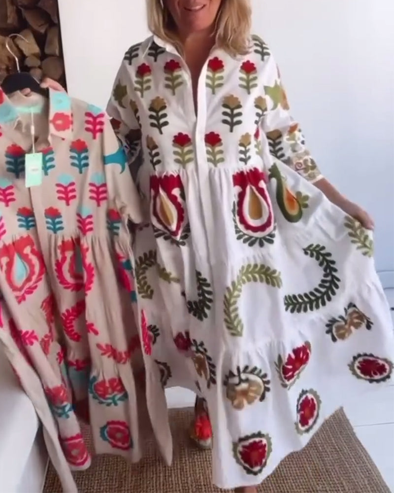 Robe femme midi imprimé floral graphique à col revers – style fluide été