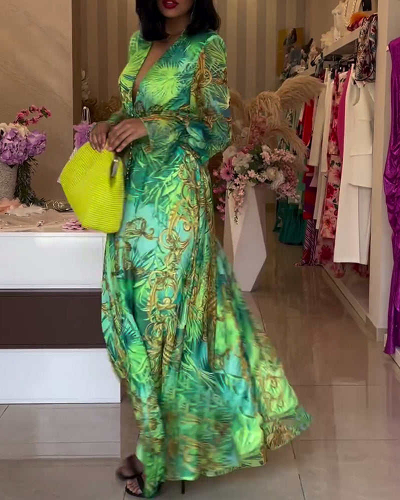 Robe femme longue imprimée fluide taille empire col V élégante bohème