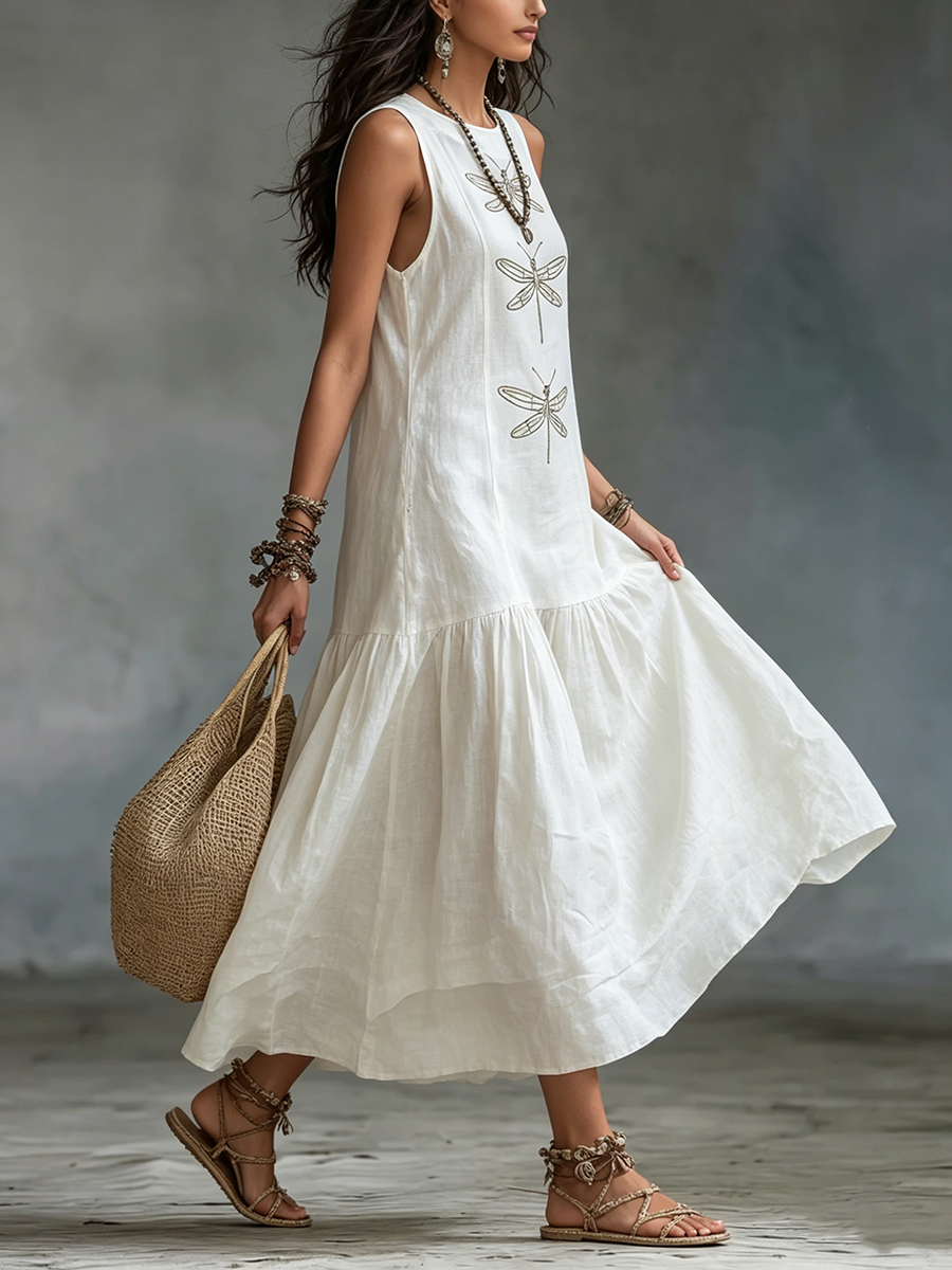 Robe longue femme en coton et lin avec broderie libellule