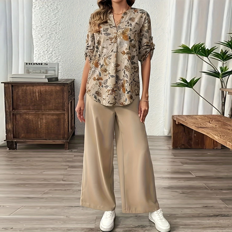 Ensemble Femme Blouse Florale et Pantalon Large Élégant