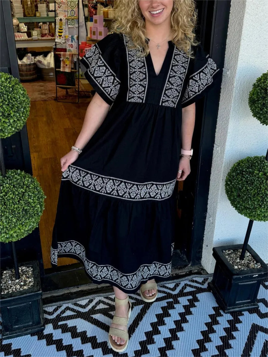 Robe Femme Longue Bohème Col V Coupe Fluide Confort Été