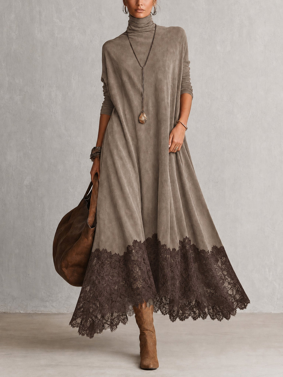 Robe longue femme effet suédé avec dentelle