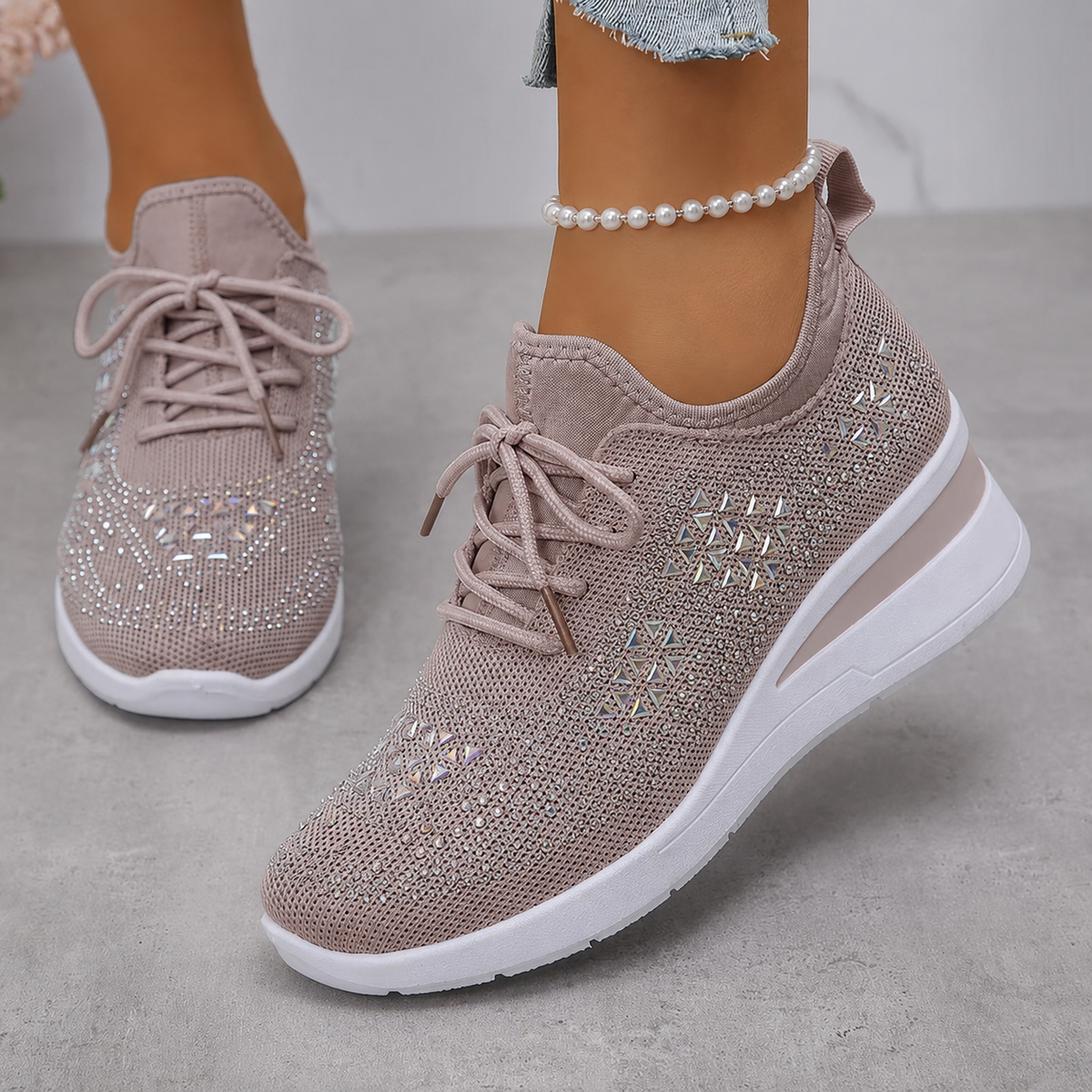 Baskets femme compensées scintillantes en maille respirante