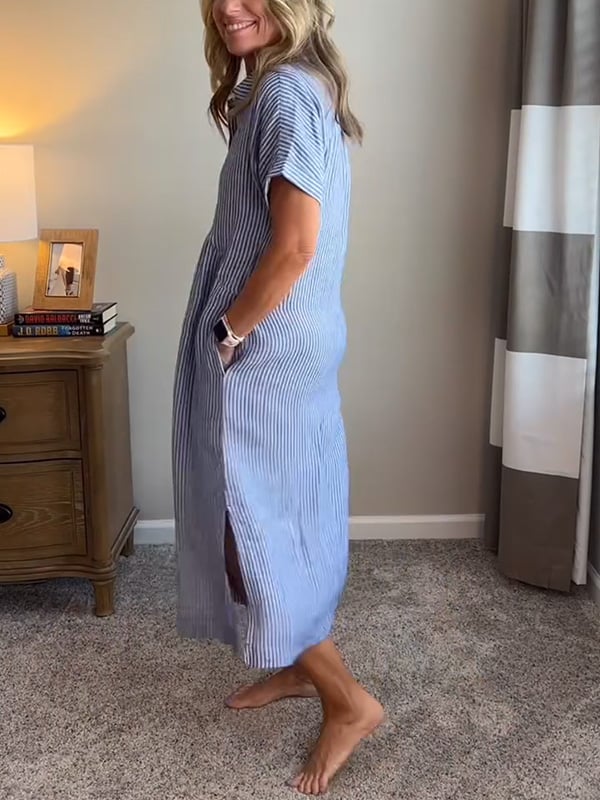 Robe chemise femme longue rayée à boutons avec poches – style décontracté élégant