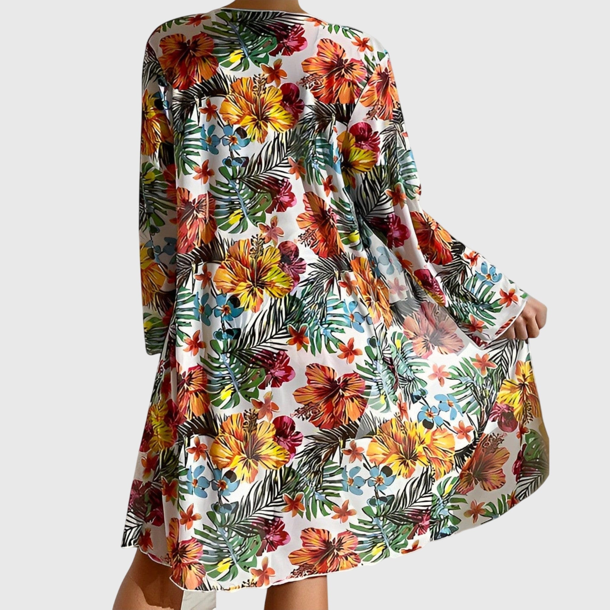 Bikini Trois Pièces Femme Imprimé Tropical Top Noué Kimono Assorti
