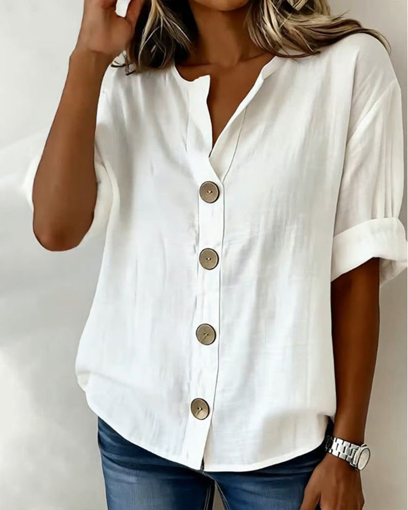 Blouse Femme Coton Ample Manches Courtes Boutonnée Coupe Décontractée