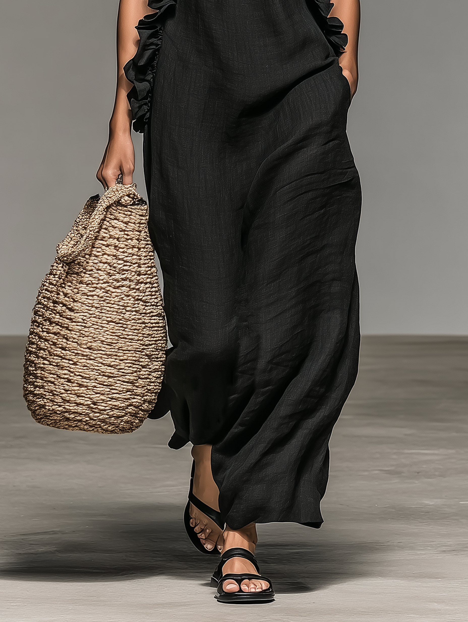 Robe maxi femme sans manches à volants avec poches