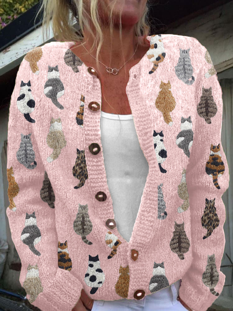 Cardigan femme en maille à motif chat boutonné