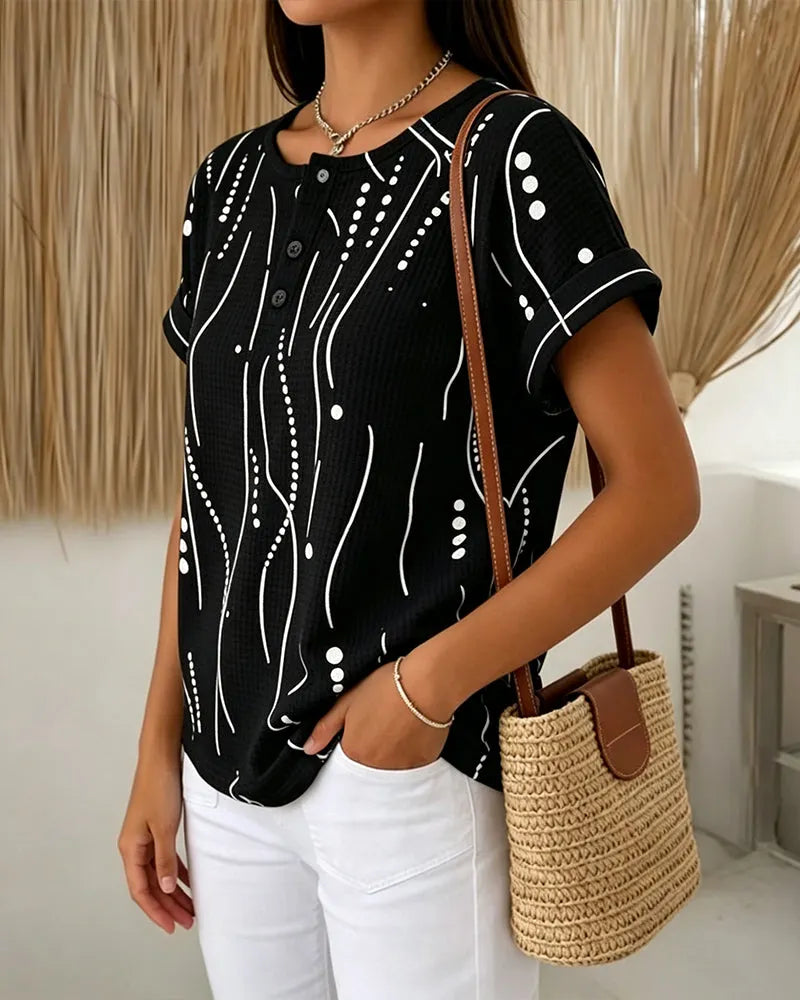 T-shirt femme imprimé à manches courtes avec boutons