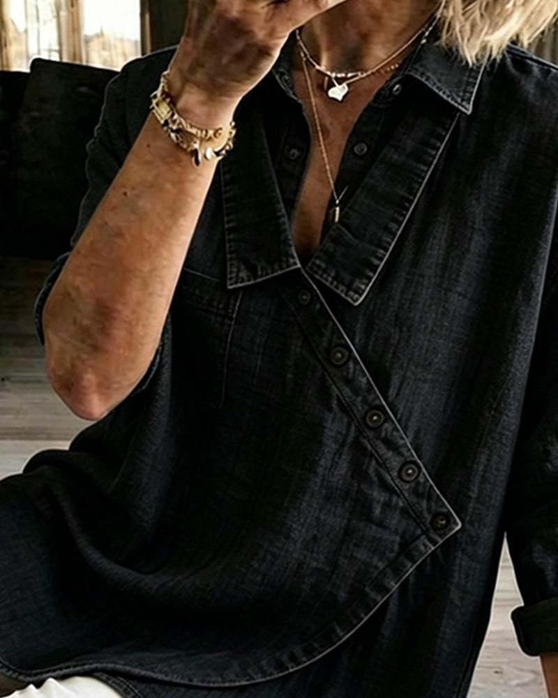 Blouse femme ample à boutons diagonaux style denim