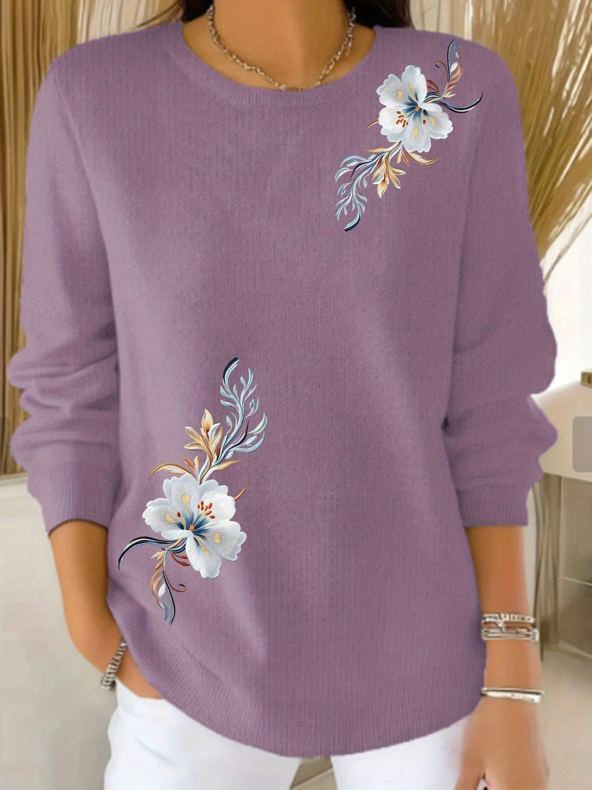 Pull femme en maille à imprimé floral col rond