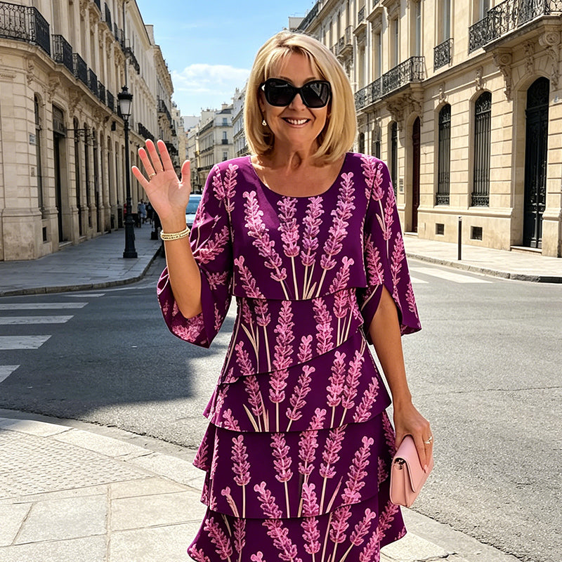 Robe Mi-Longue Femme Imprimé Lavande Volants Superposés Manches Fendues