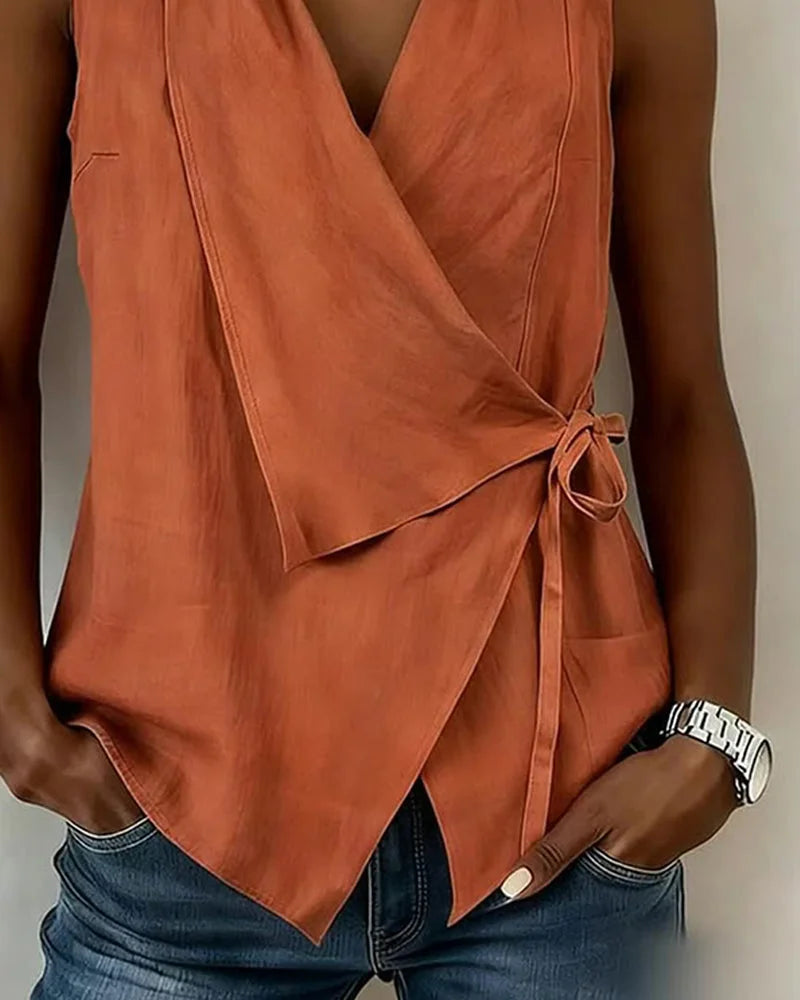 Haut Femme Asymétrique Sans Manches Effet Enveloppé Élégant