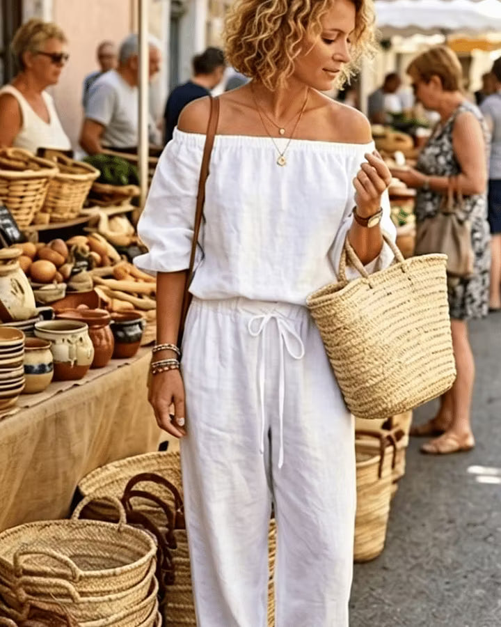 Combinaison ample femme en coton avec épaules dénudées et cordon à la taille