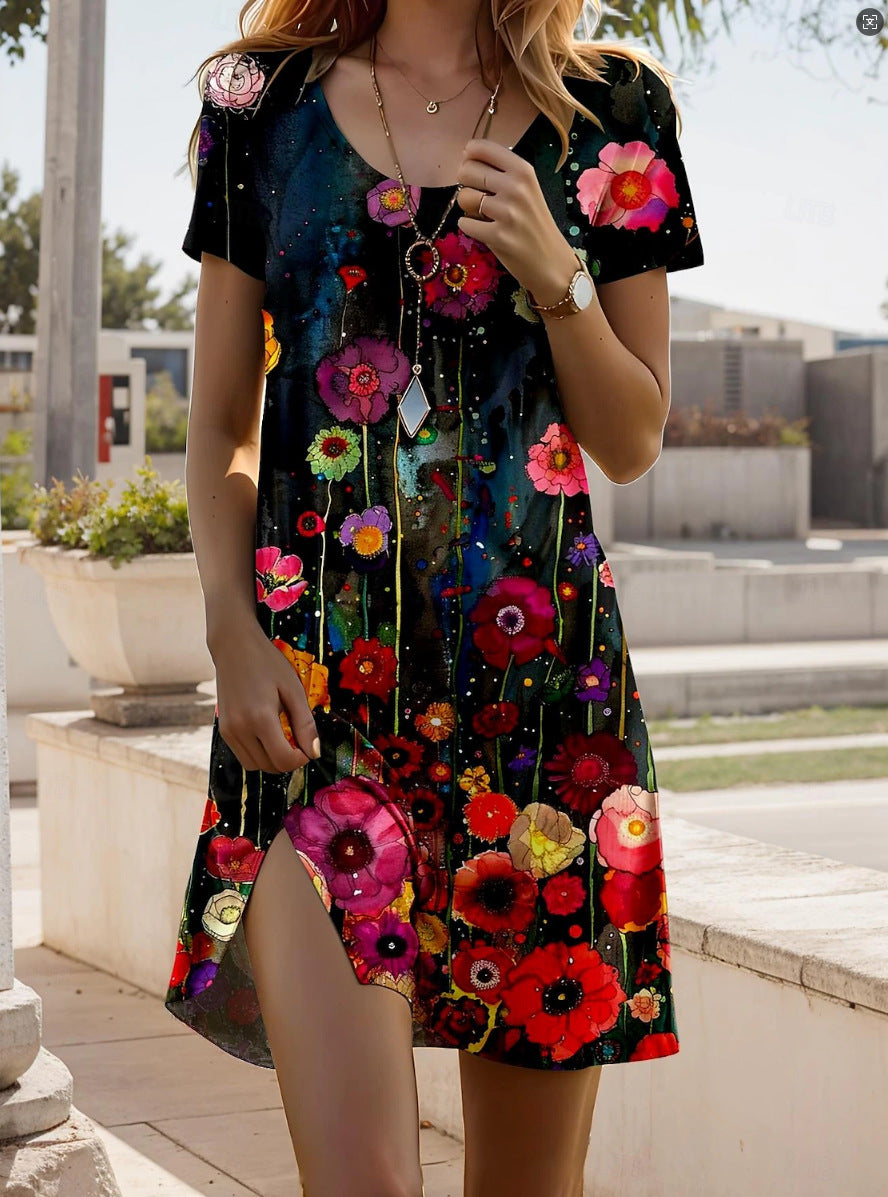 Robe femme manches courtes à col rond imprimé ethnique – style été fluide