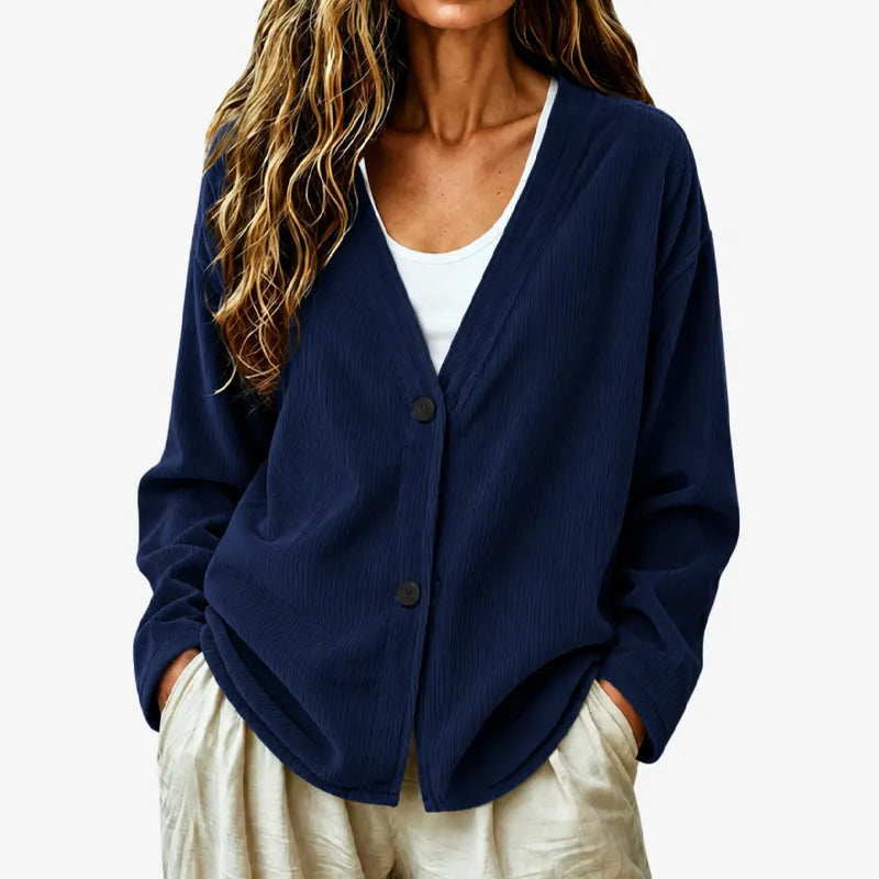 Cardigan femme côtelé à col V boutonné