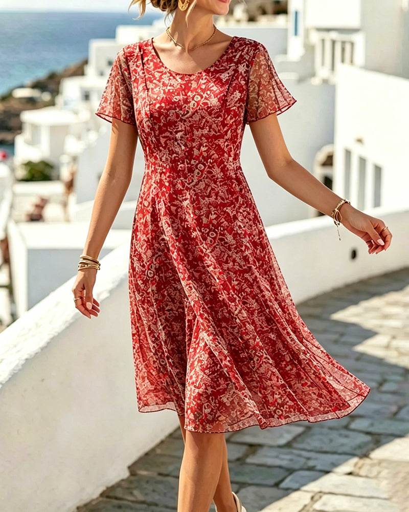 Robe femme florale coupe A avec manches courtes