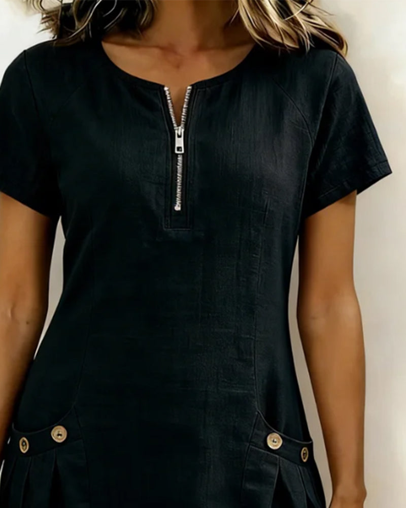 Robe Courte Femme Élégante avec Poches et Col Zippé Moderne