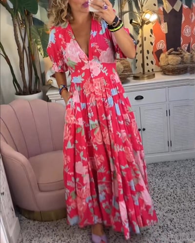 Robe Longue Femme Fluide Imprimée Col V avec Poches pour Style Élégant et Confort Estival