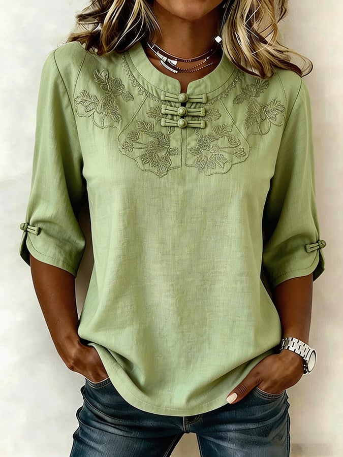 Top Femme Coton Lin Brodé Floral Col Rond Élégant Décontracté