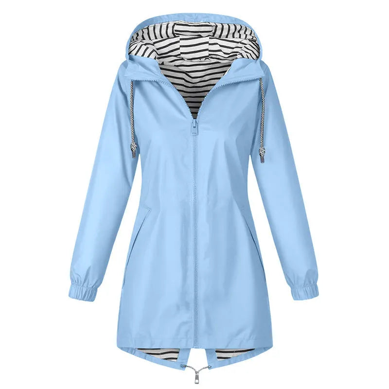 Imperméable femme long à capuche et doublure rayée