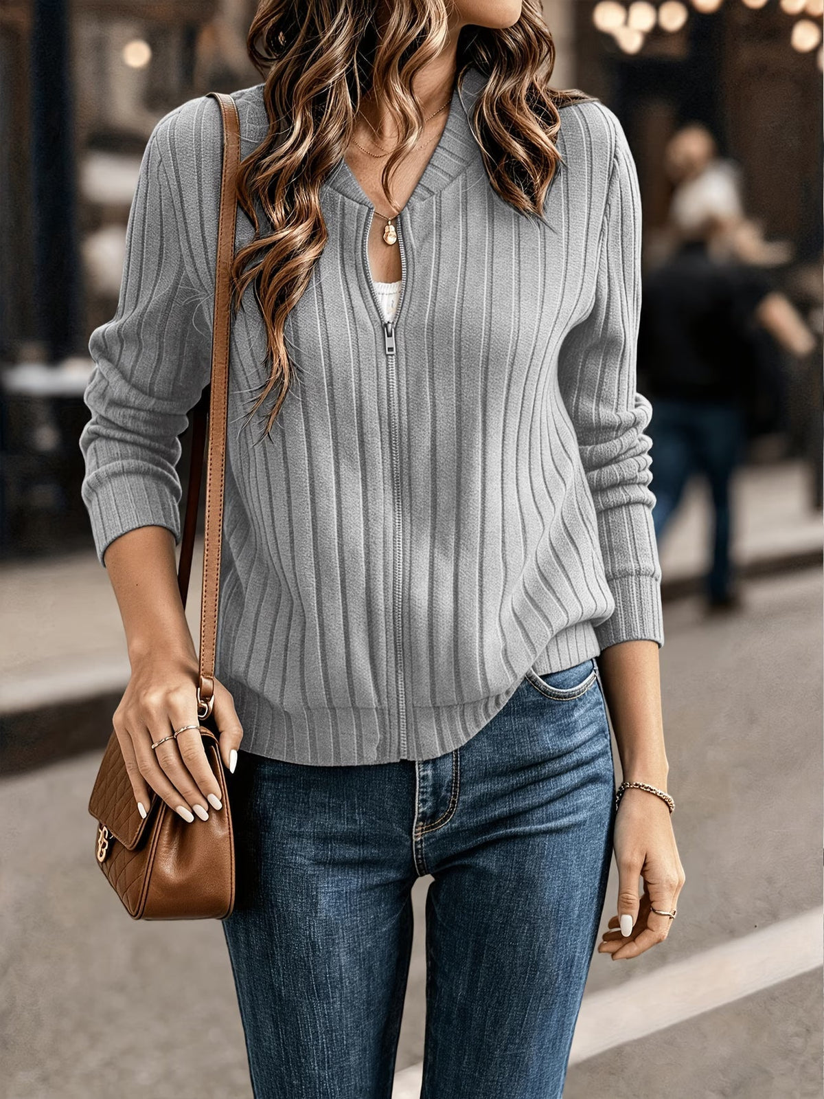 Cardigan femme côtelé avec fermeture zippée