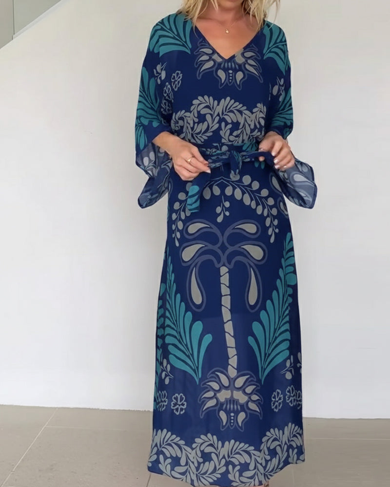 Robe Maxi Bohème Femme Col V Imprimé Feuilles Élégant