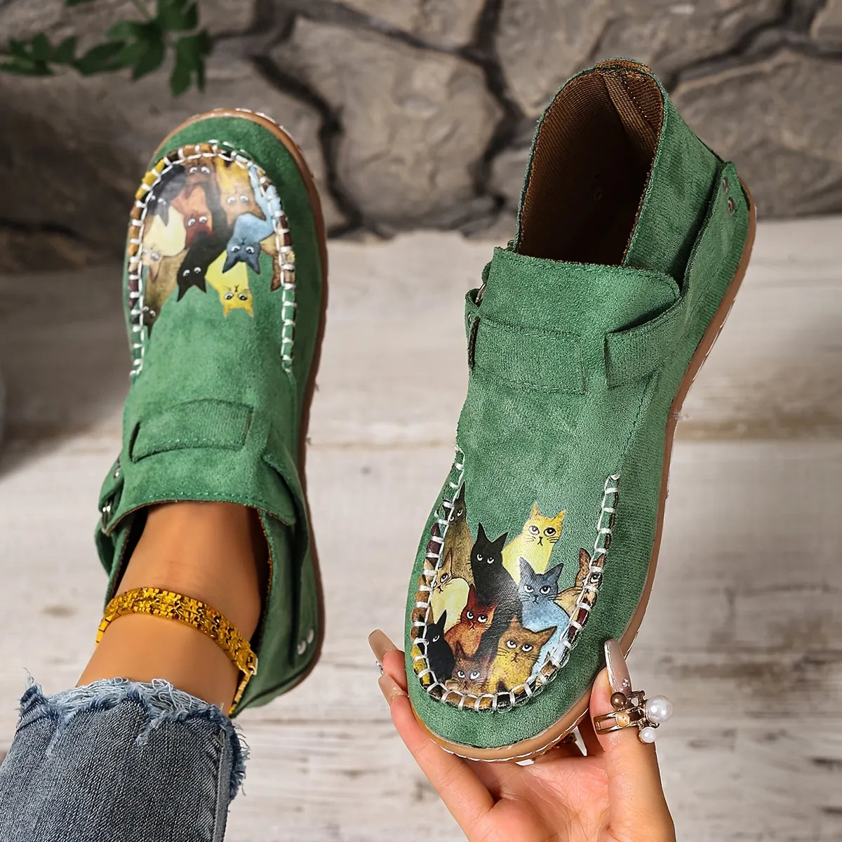 Mocassins femme imprimé chat à enfiler