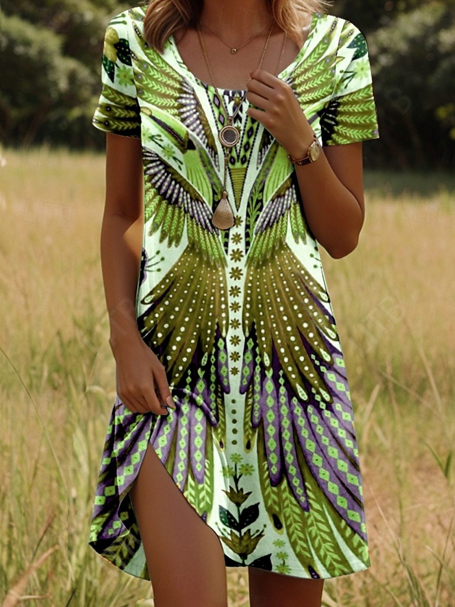 Robe femme manches courtes à col rond imprimé ethnique – style été fluide