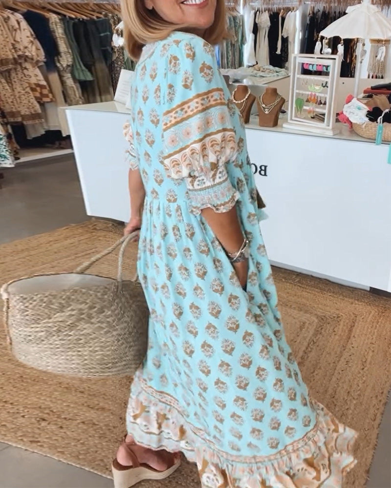 Robe femme midi fluide imprimée col V manches lanterne ample décontractée