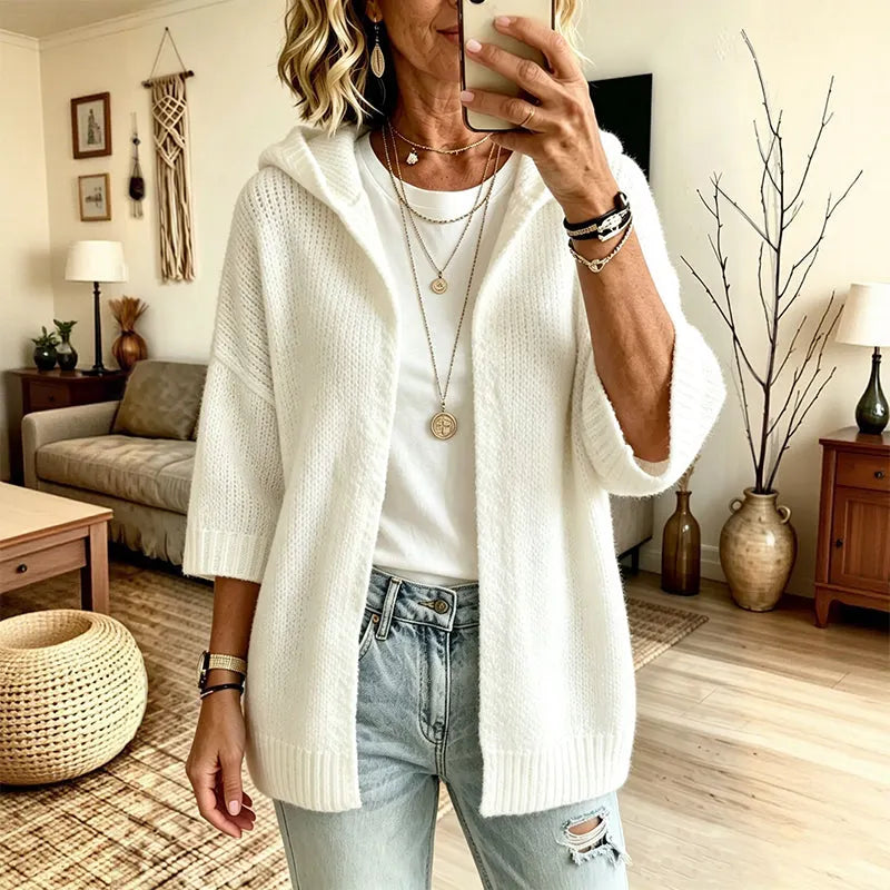 Cardigan femme en maille à capuche manches 3/4