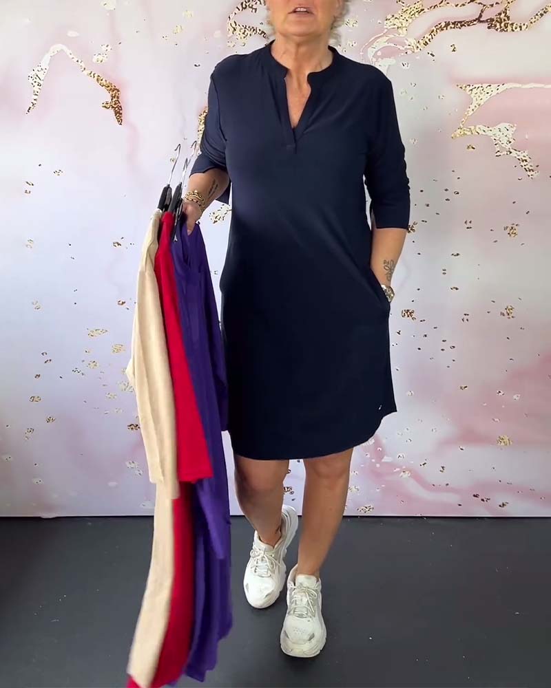 Robe Femme Unie Col V Coupe Fluide Confort Quotidien