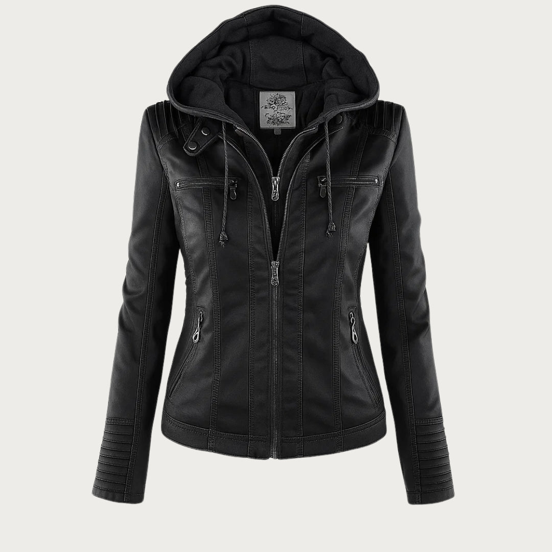 Veste femme en similicuir à capuche et fermeture zippée