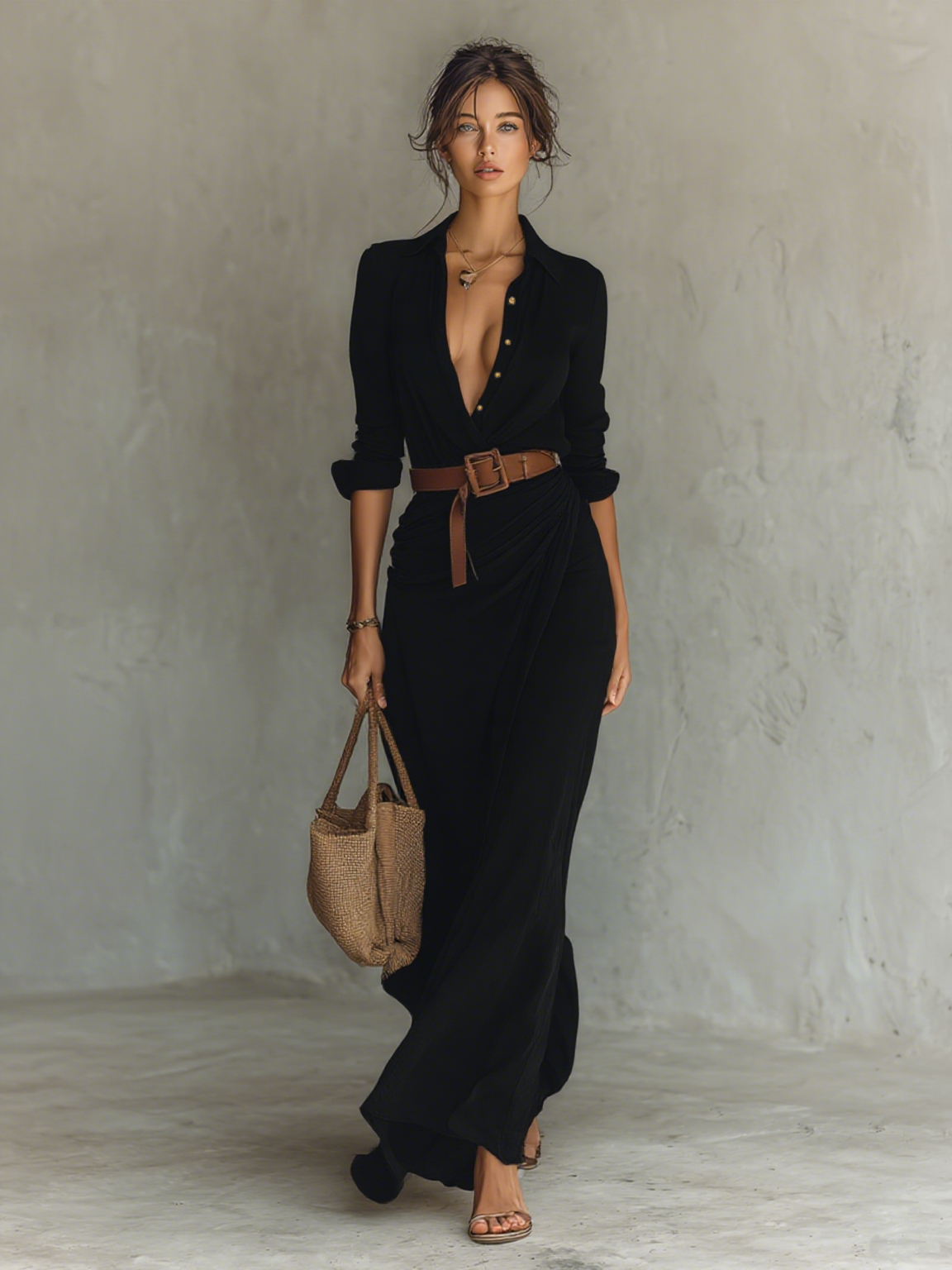 Robe maxi femme chemise avec ceinture ajustable