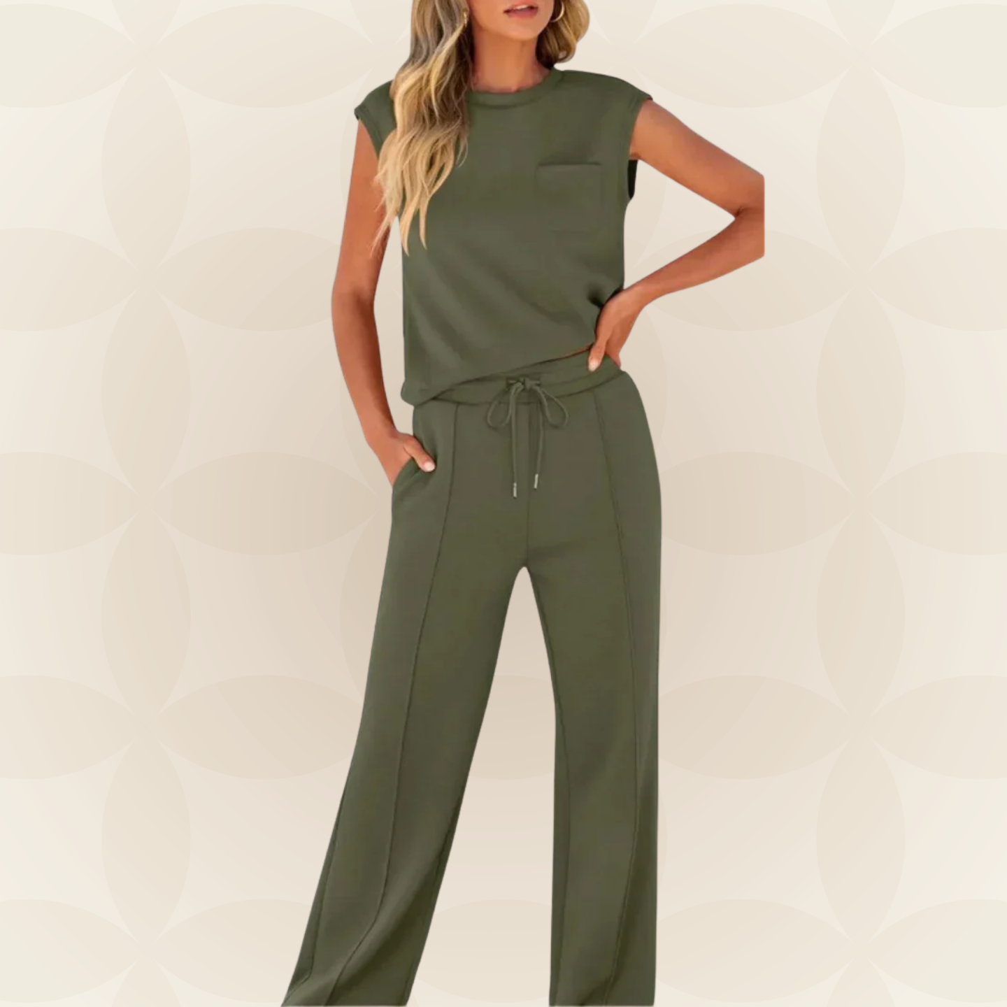 Ensemble femme élégant avec top sans manches et pantalon large fluide