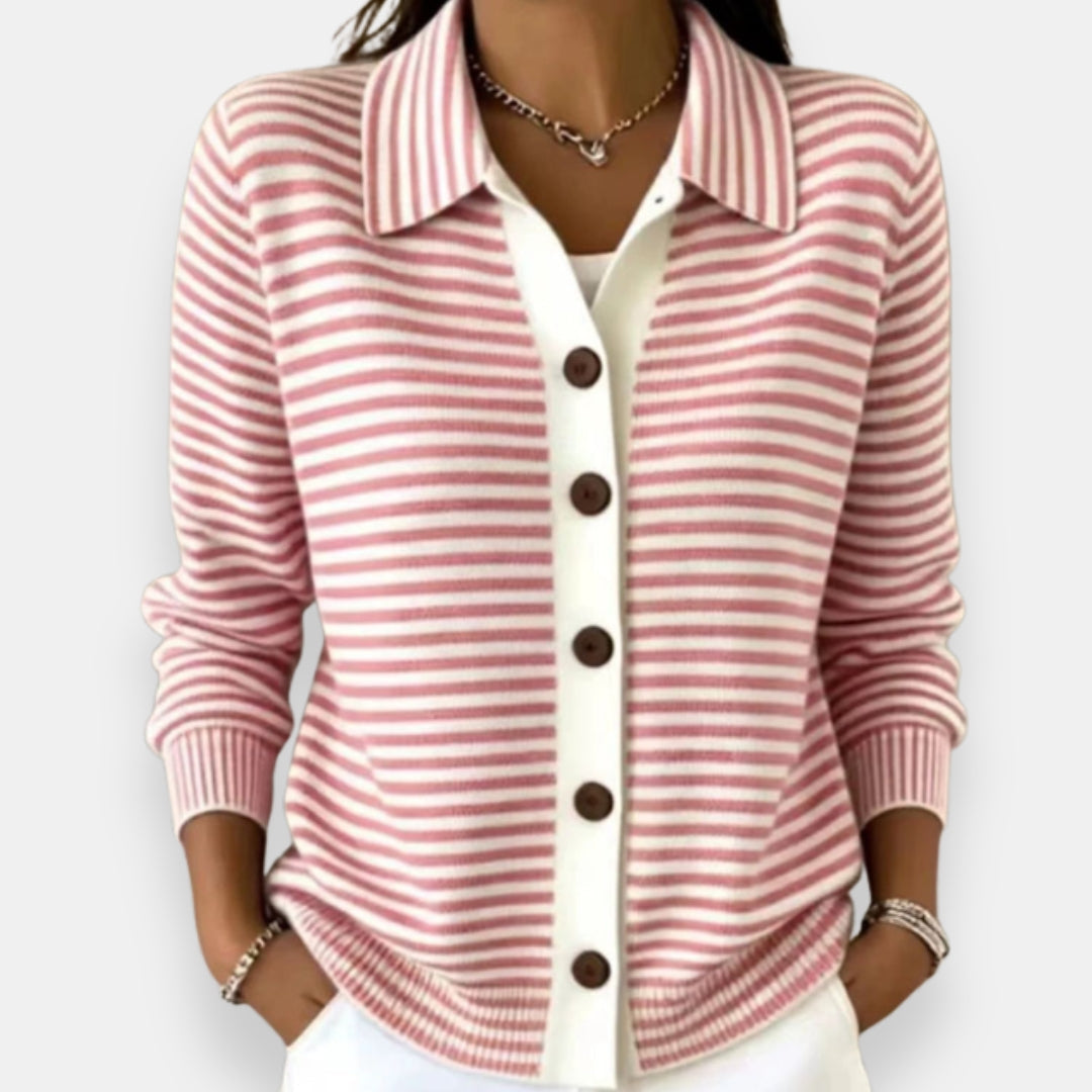 Cardigan femme rayé boutonné à col classique