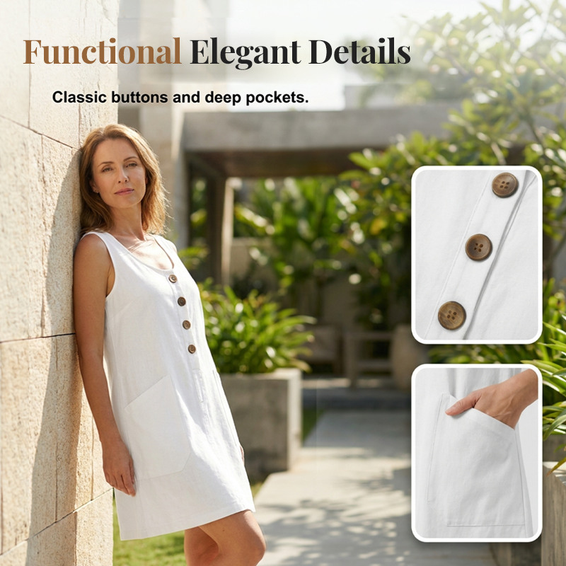 Robe femme sans manches en coton et lin avec boutons décoratifs