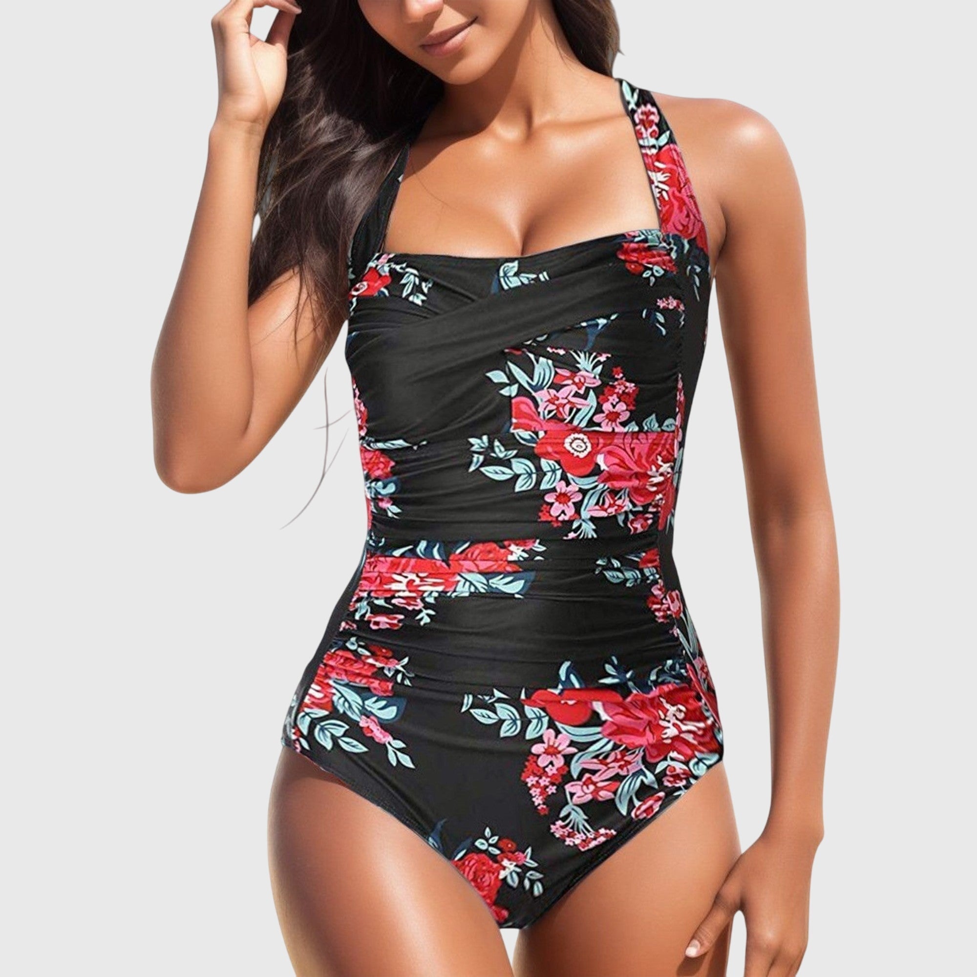 Maillot de bain une pièce femme imprimé tropical froncé col carré maintien