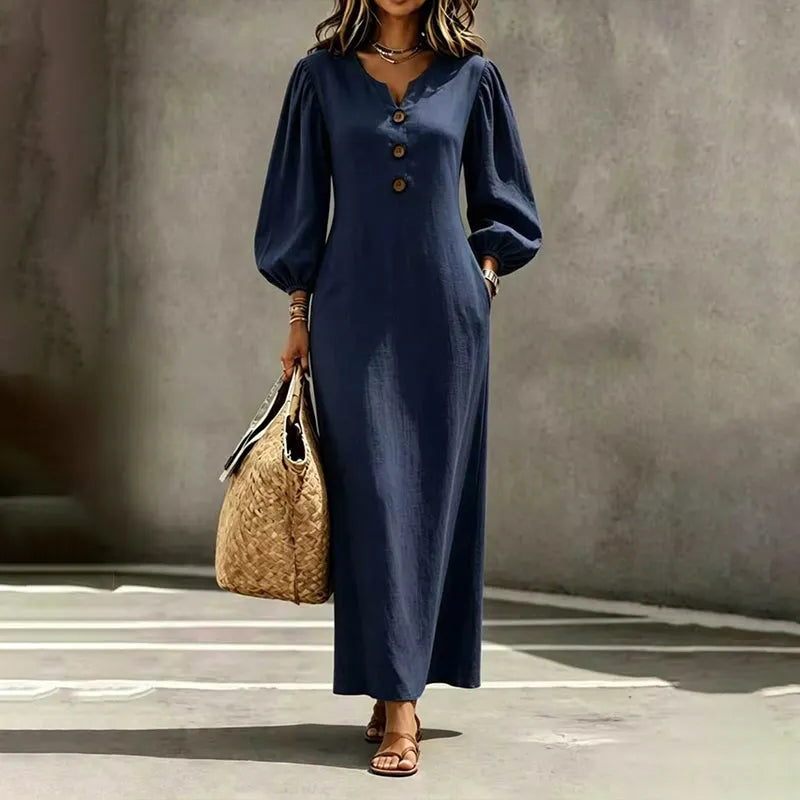 Robe maxi femme à col V et manches bouffantes