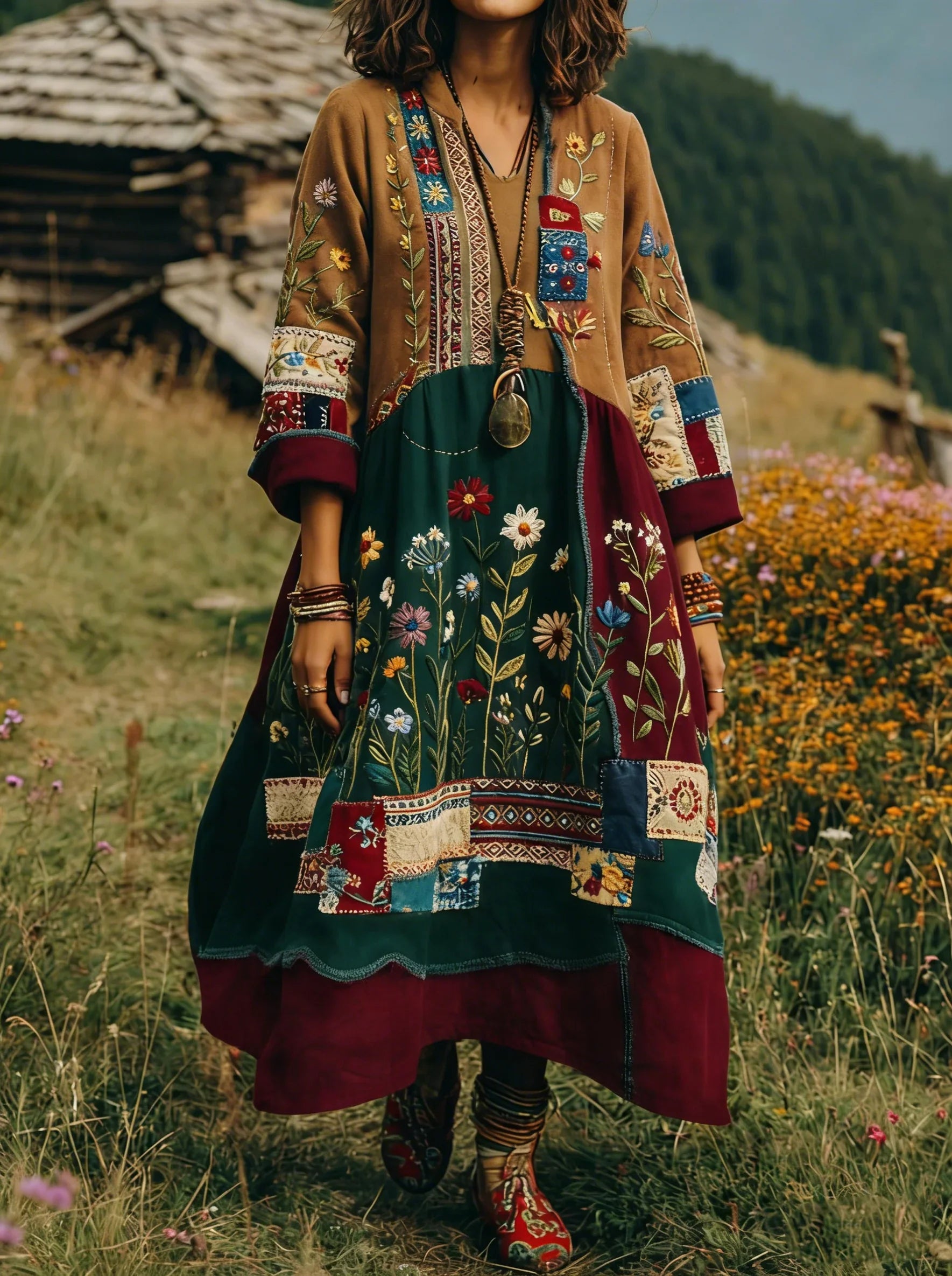 Robe Femme Bohème Patchwork Brodée Coupe Fluide Style Ethnique