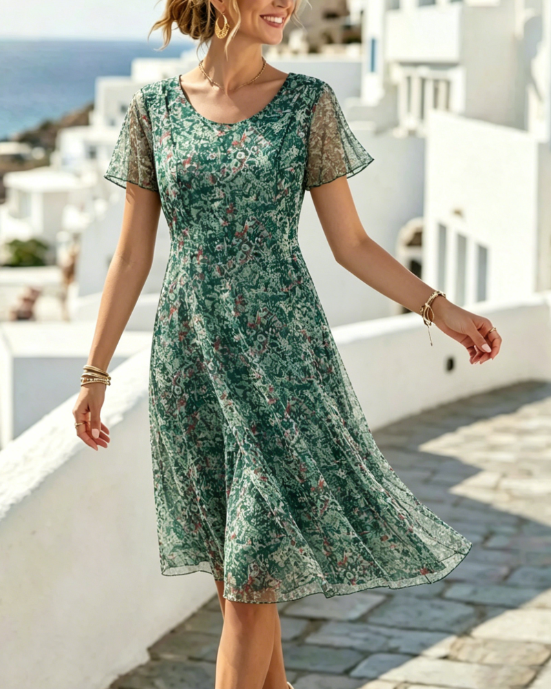 Robe femme florale coupe A avec manches courtes