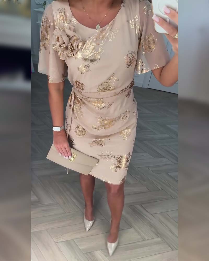 Robe midi femme fleurie élégante à taille cintrée et manches courtes